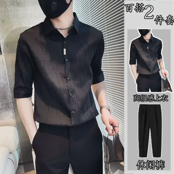 Summer ice silk suit short-sleeved and quarter-sleeved shirt for men's trendy brand handsome high-end matching two-piece suit trendy - Image 3