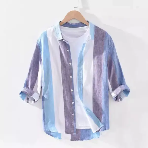 Japanese striped ice silk shirt men's trendy 7-quarter sleeve loose thin ins quick-drying half-sleeved base shirt - Image 3